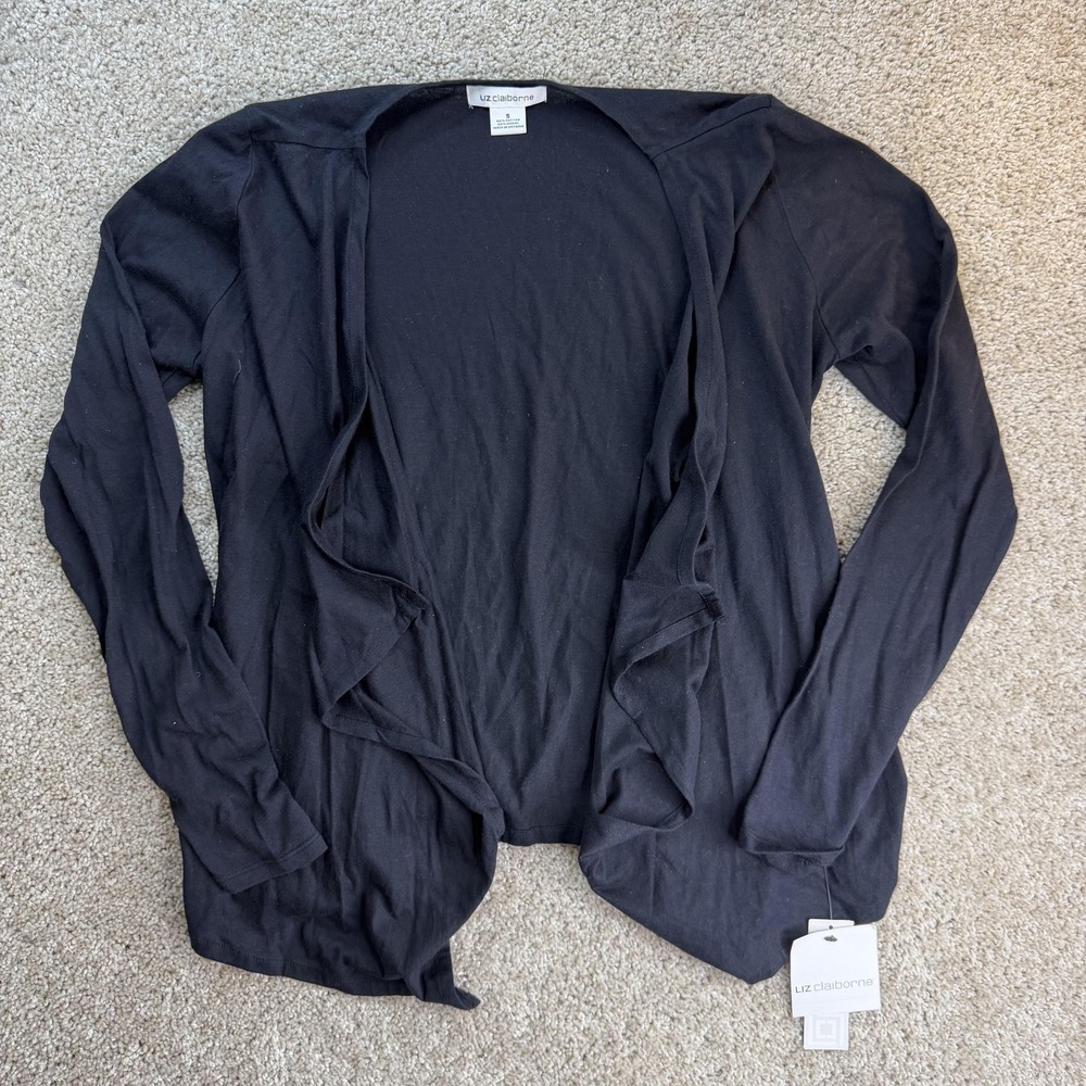 Liz Claiborne Cardigan Sweater Womens S Black Open Front Knit Long Sleeve Drape
